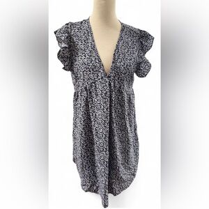 Shein Blue & White Floral Ruffled Short Sleeve V-Neck Dress Women’s Size Large